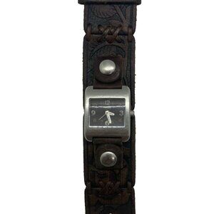 Y2K Fossil WB-1028 Silver Tone Brown Wide Leather Band Analog Women's Watch BOHO